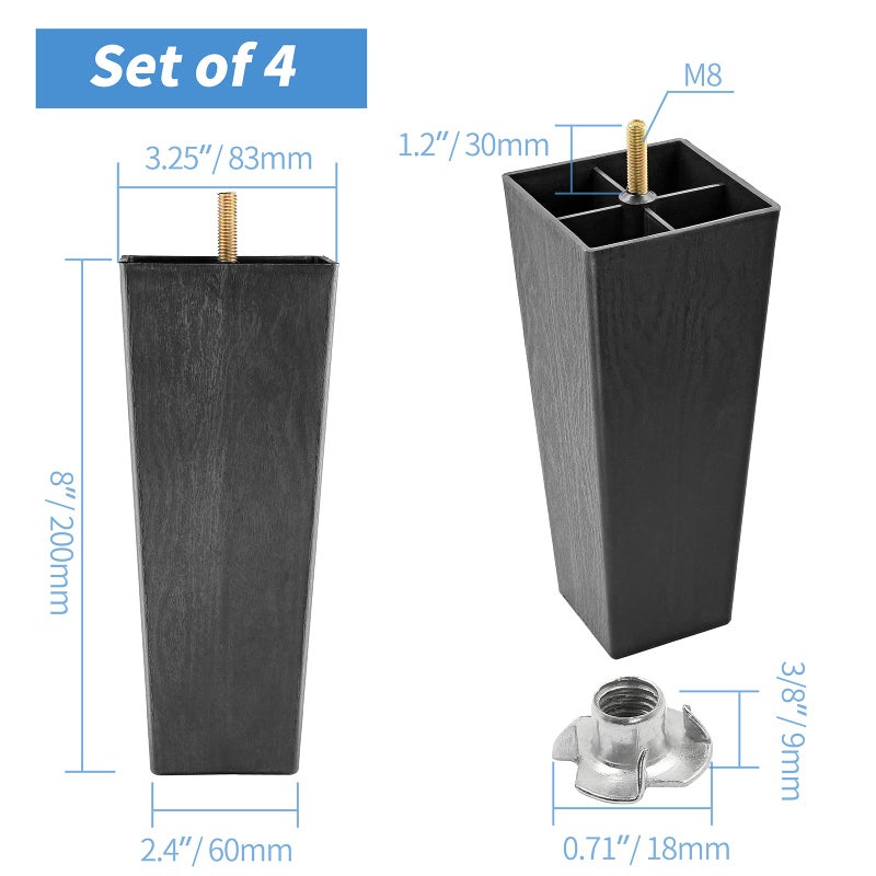 Masendelk 8 inch Plastic Furniture Legs, Square Couch legs Black Sofa Legs set of 4, Mid Century Furniture feet M8 Replacement Legs for Armchair Bed Couch Cabinet Desk Table Sofa - Image 3